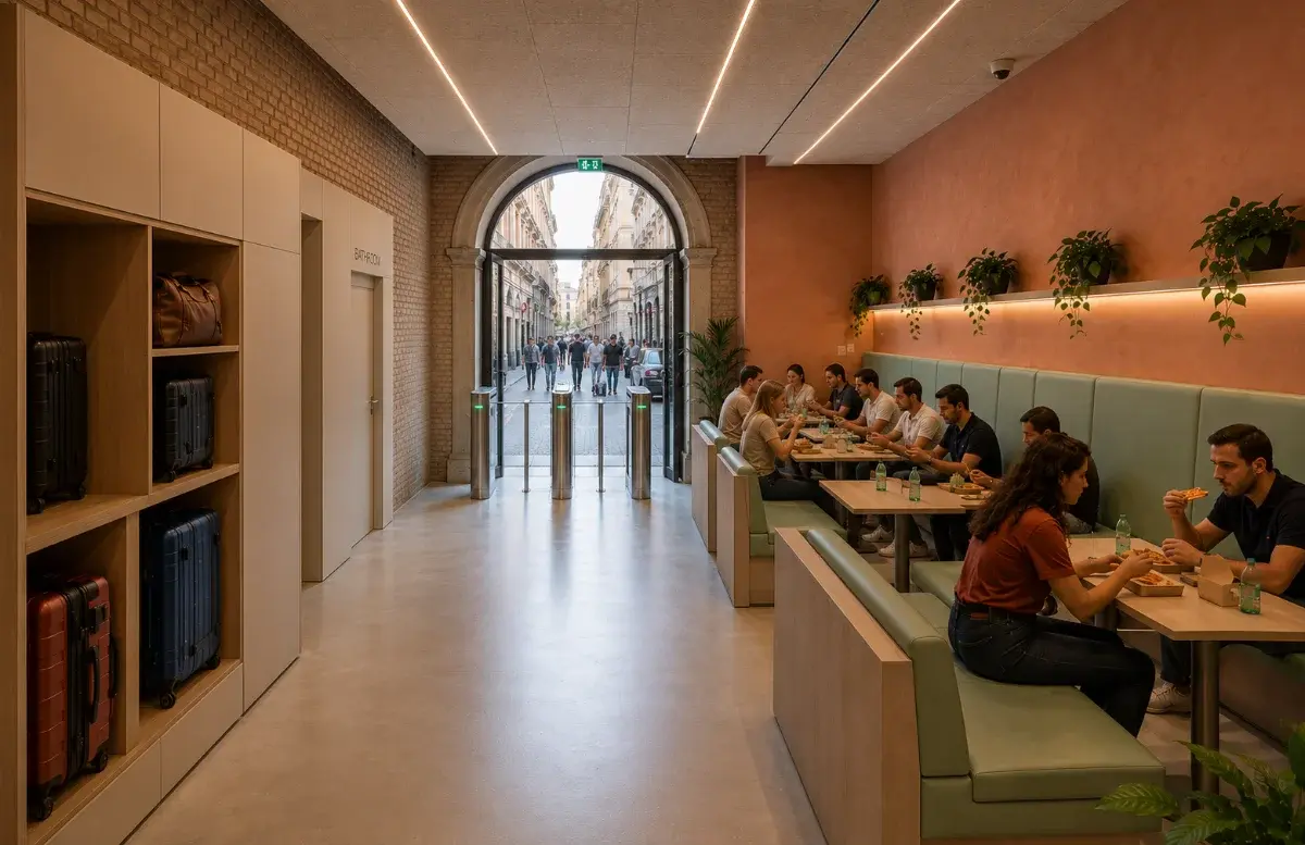 Render dell'interno di un punto di sosta Oasis: sedute a divanetto, tavolini, armadietti per i bagagli e un ingresso ad arco sulla strada.